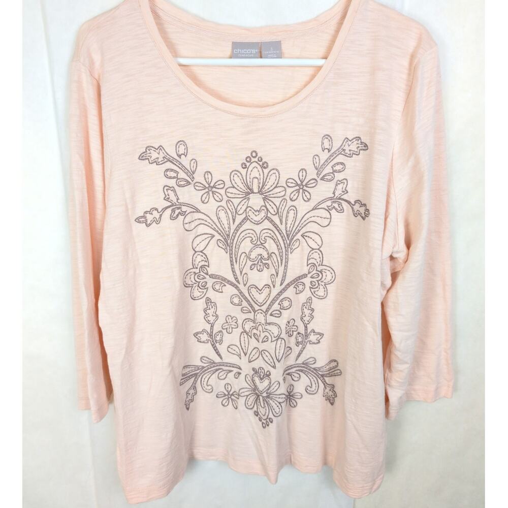 Chicos Zenergy pink floral embroidered burn out tshirt Size 3/XL Boho Casual